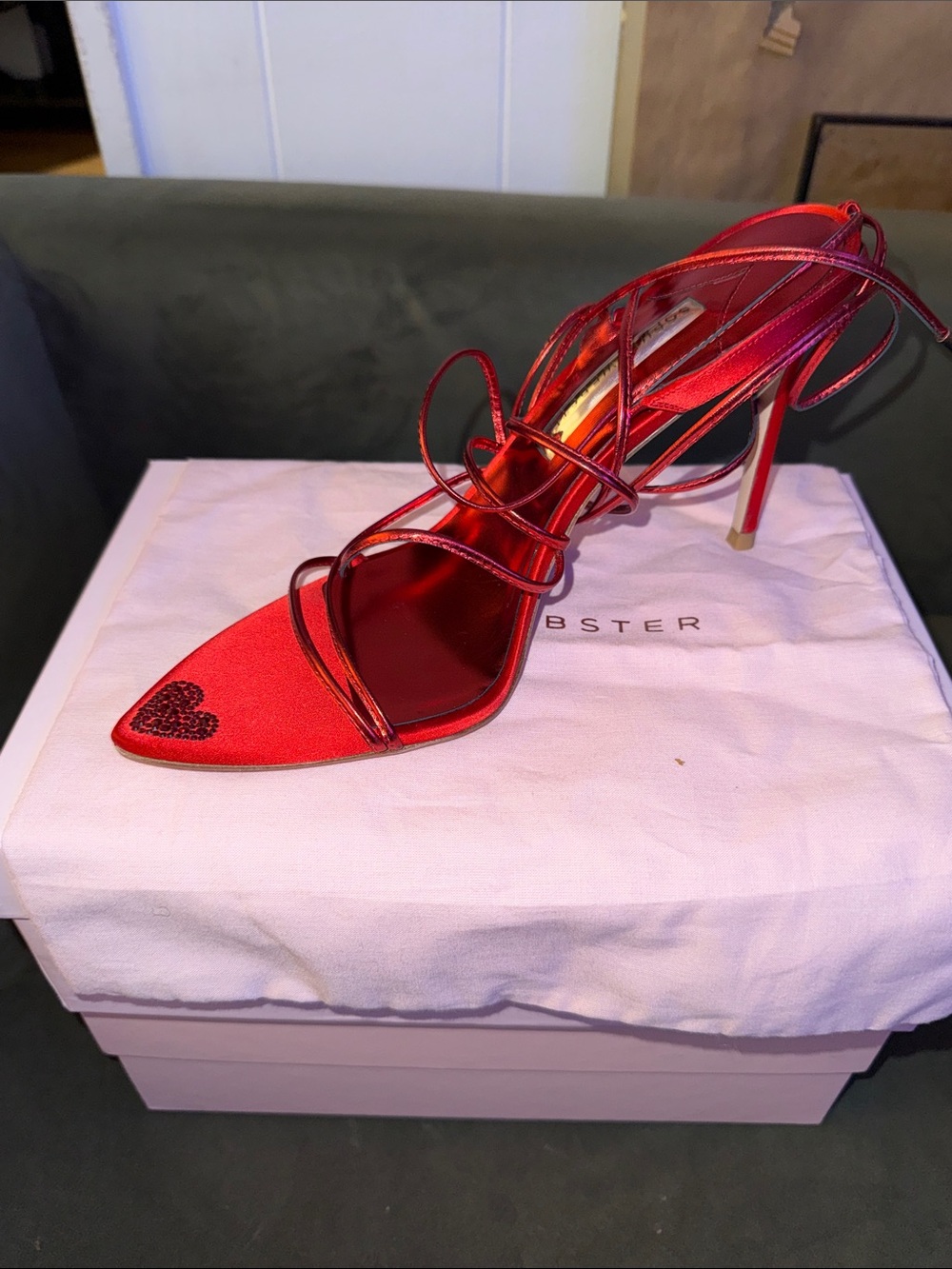 Sophia Webster Red Strappy Stiletto Sandals with Heart Detail